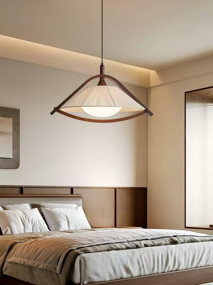 Wooden Arch Pendant Lamp with Fabric Shade and Opal Diffuser