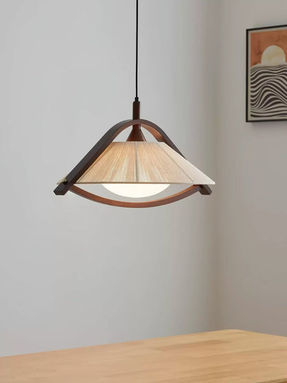 Wooden Arch Pendant Lamp with Fabric Shade and Opal Diffuser