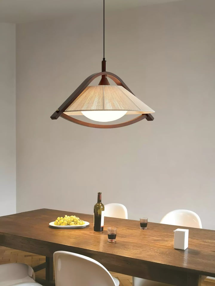 Wooden Arch Pendant Lamp with Fabric Shade and Opal Diffuser