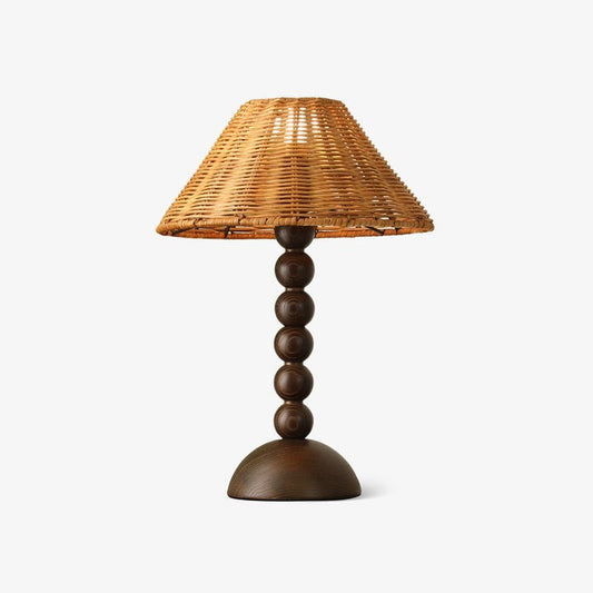 Wooden Table Lamp with Spherical Accents and Rattan Shade