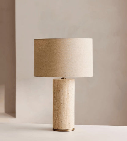 Yellow Travertine Table Lamp with Beige Linen Shade