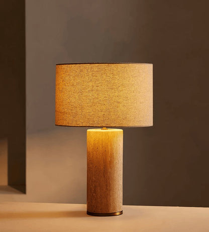 Yellow Travertine Table Lamp with Beige Linen Shade