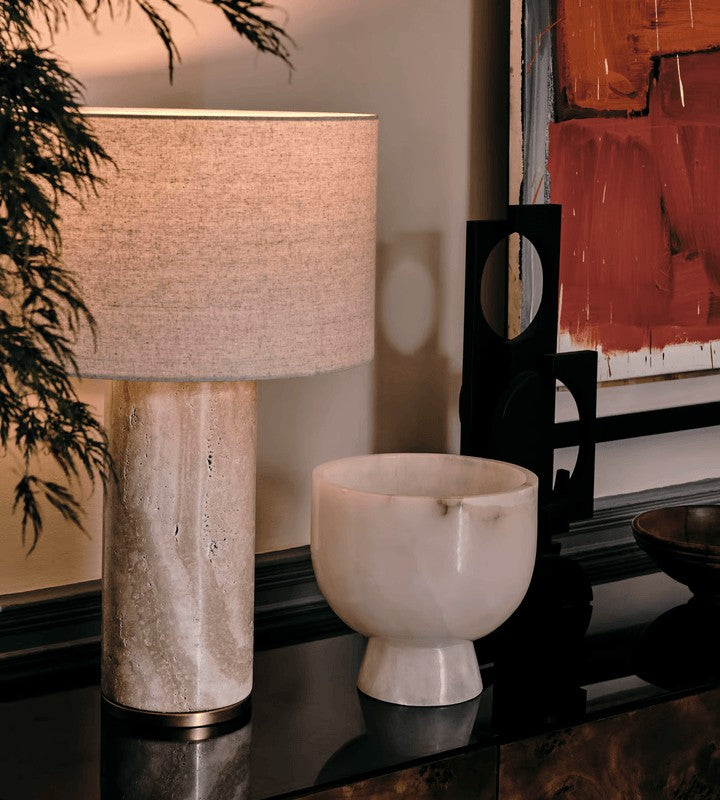 Yellow Travertine Table Lamp with Beige Linen Shade