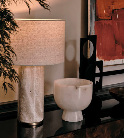 Yellow Travertine Table Lamp with Beige Linen Shade