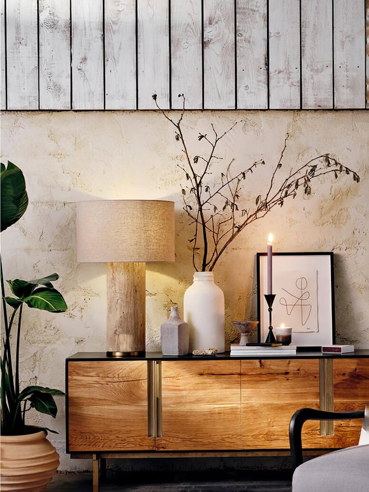 Yellow Travertine Table Lamp with Beige Linen Shade