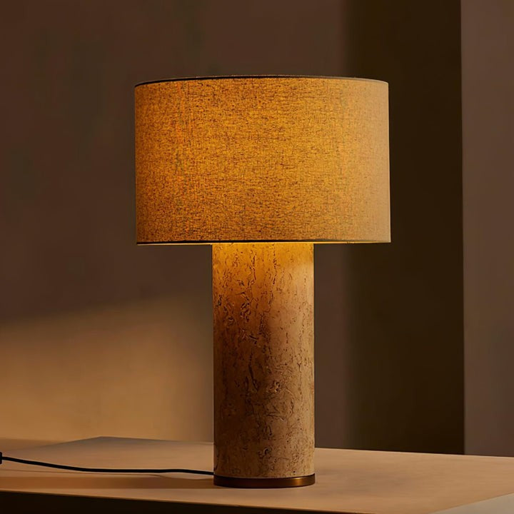 Yellow Travertine Table Lamp with Beige Linen Shade