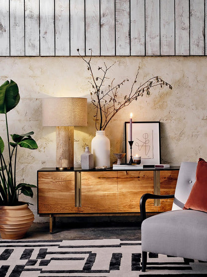 Yellow Travertine Table Lamp with Beige Linen Shade