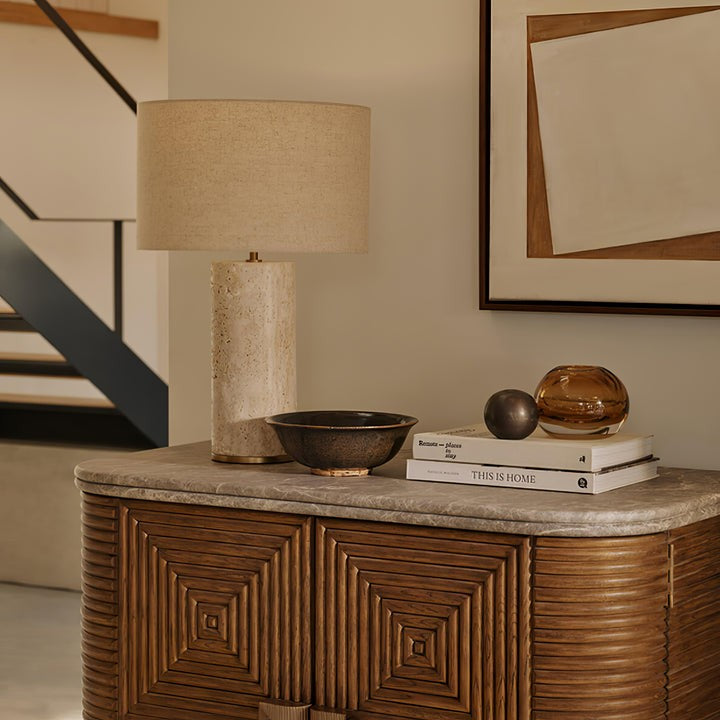 Yellow Travertine Table Lamp with Beige Linen Shade