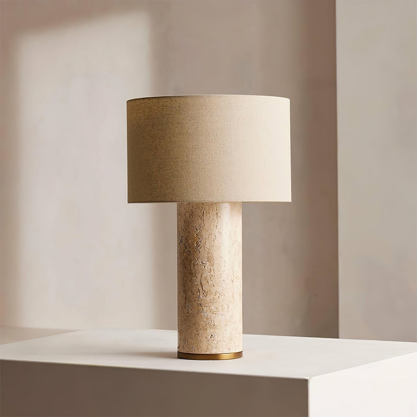 Yellow Travertine Table Lamp with Beige Linen Shade