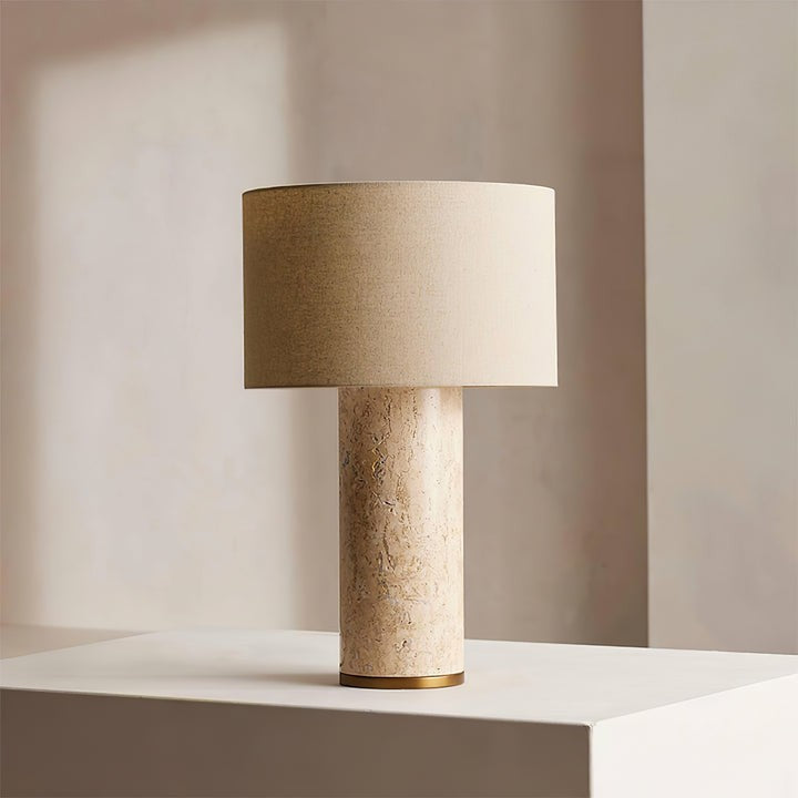 Yellow Travertine Table Lamp with Beige Linen Shade