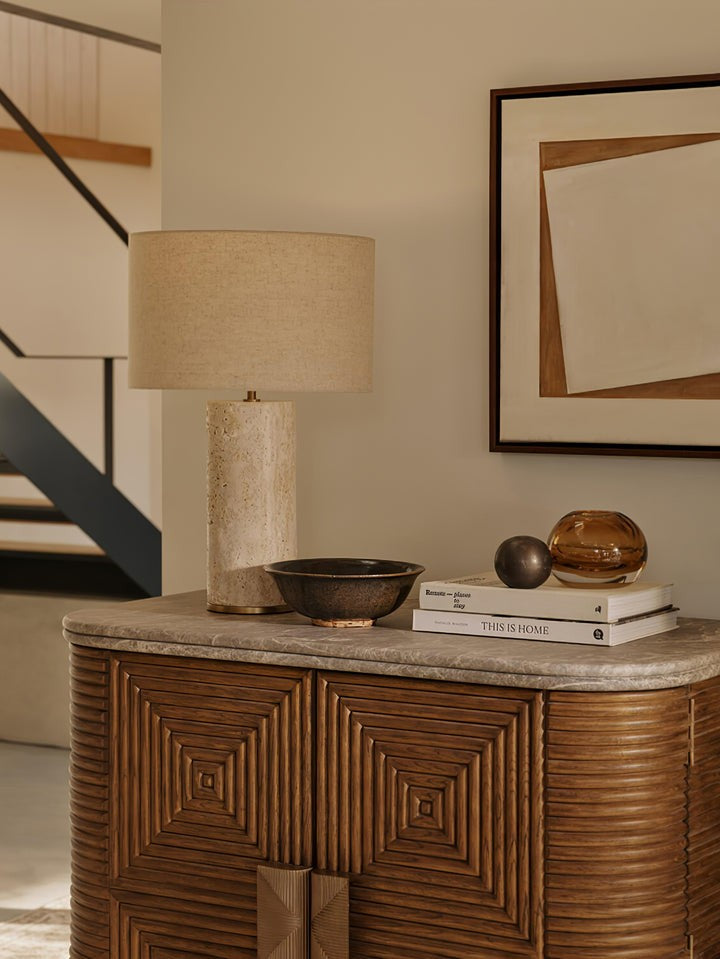 Yellow Travertine Table Lamp with Beige Linen Shade