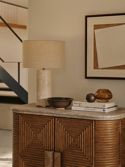 Yellow Travertine Table Lamp with Beige Linen Shade