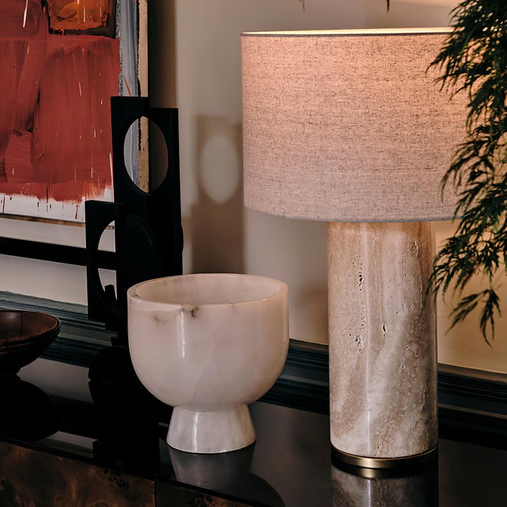 Yellow Travertine Table Lamp with Beige Linen Shade