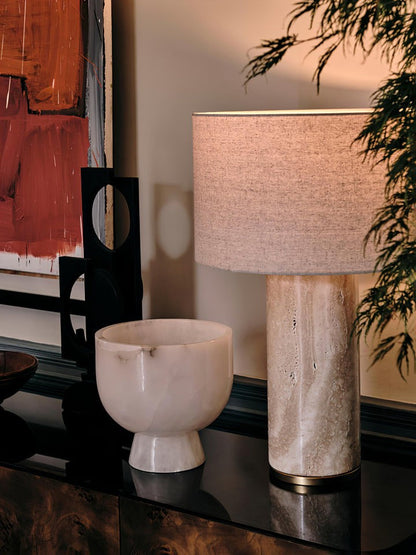 Yellow Travertine Table Lamp with Beige Linen Shade