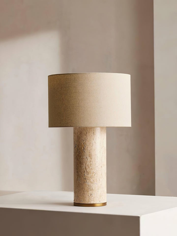 Yellow Travertine Table Lamp with Beige Linen Shade