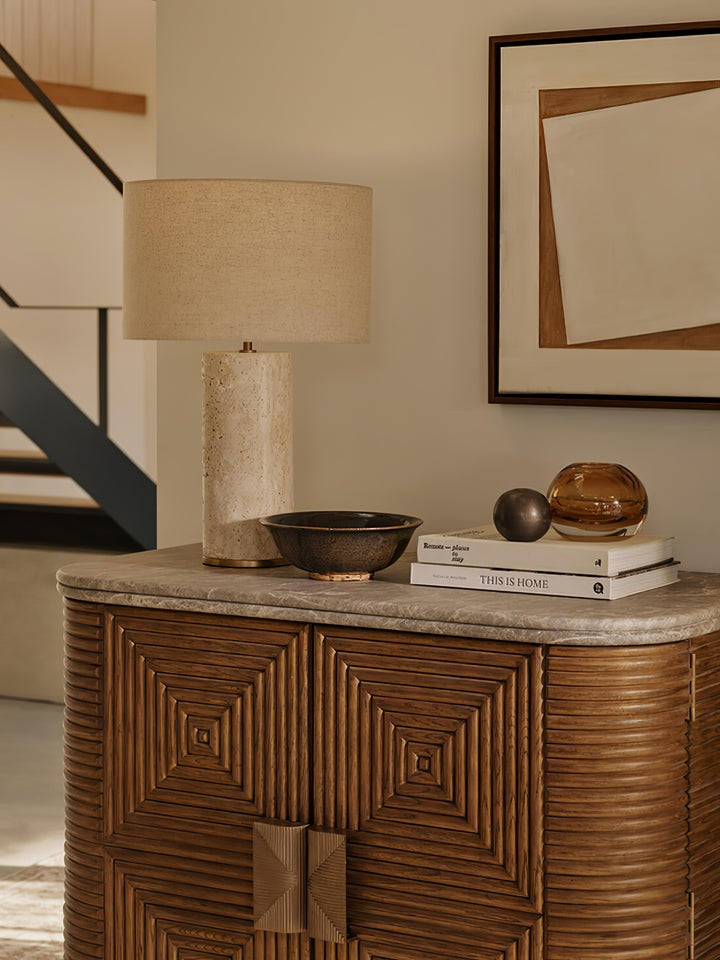 Yellow Travertine Table Lamp with Beige Linen Shade