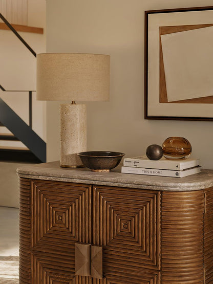 Yellow Travertine Table Lamp with Beige Linen Shade
