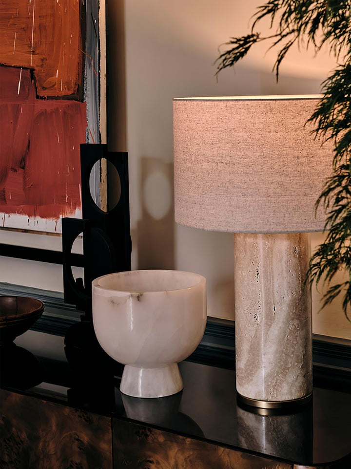 Yellow Travertine Table Lamp with Beige Linen Shade